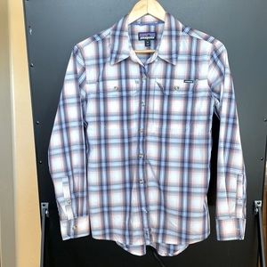 Patagonia light, nylon, polyester, button down, plaid shirt.